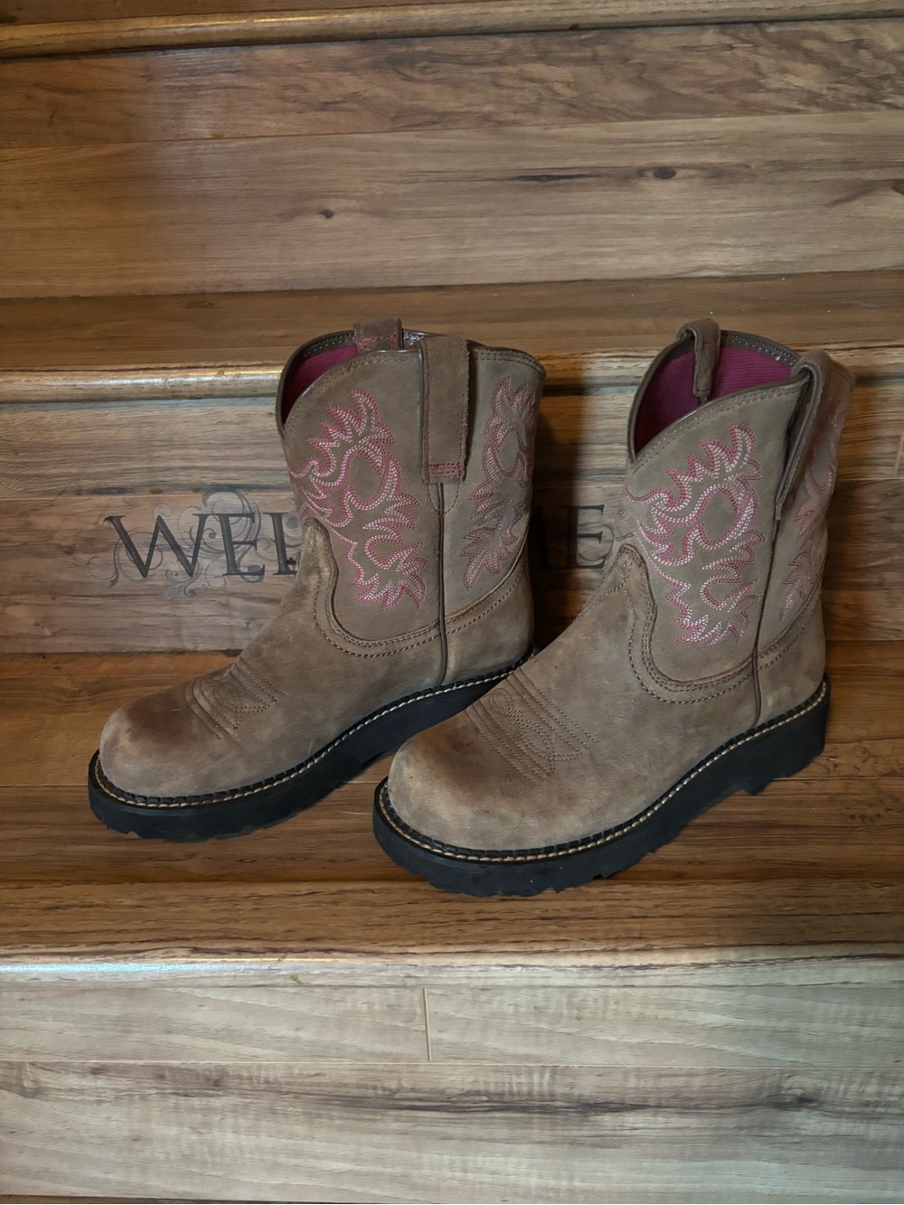 Ariat Brown Suede Western Lace-Up Boots with Pink Embroidery